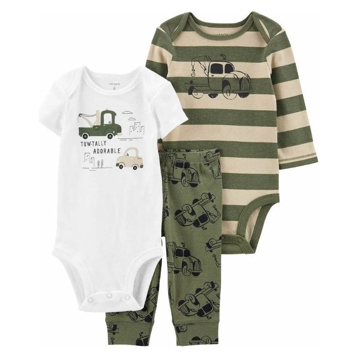 Carter's Infant Boys 3-Piece Truck Print Bodysuits+ Leggings Olive Green/White
