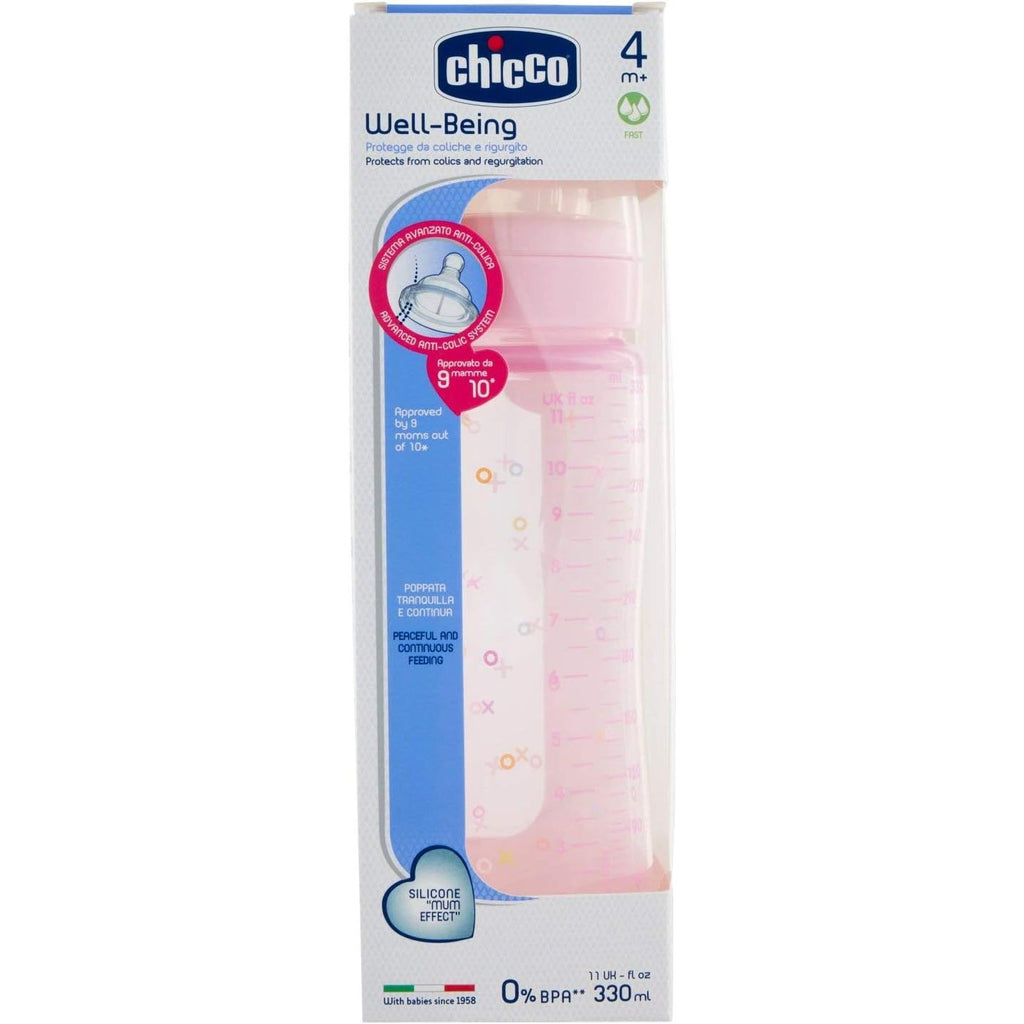 Chicco Well-Being 330 ml Printed Fast Silicone Feeding Bottle Pink Age- 4 Months & Above