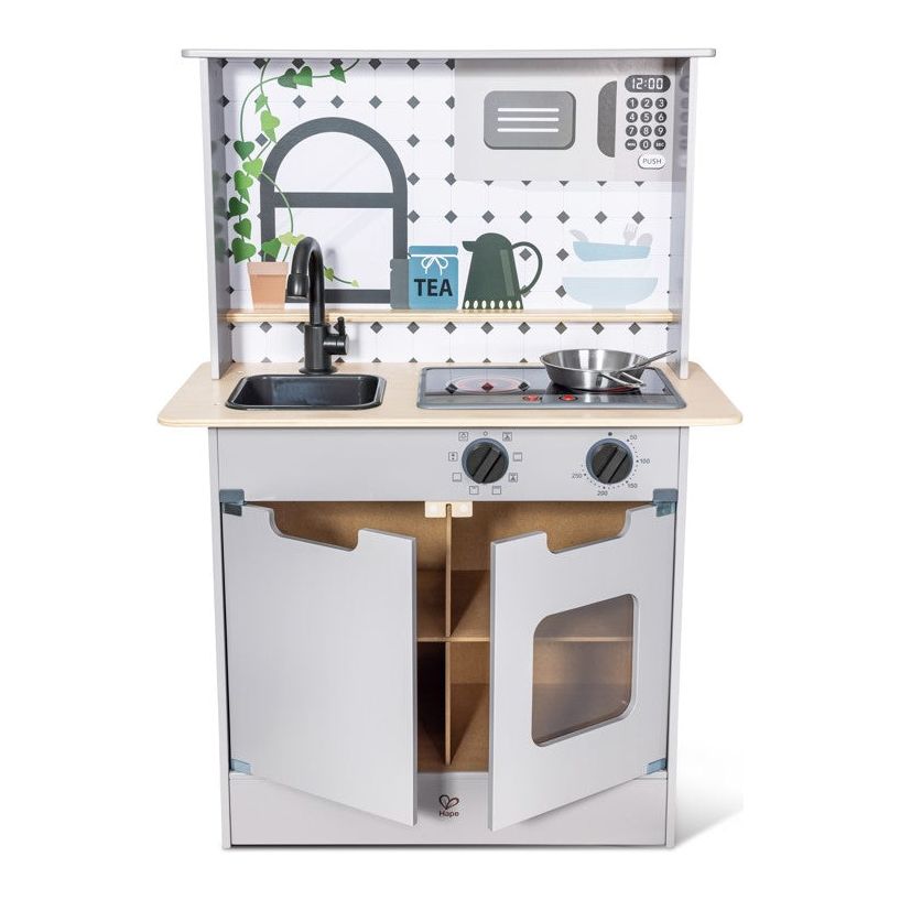 Hape Play Essentials Modern Kitchen with Lights and Cooking Sounds 5 Pieces White Age- 3 Years to 8 Years