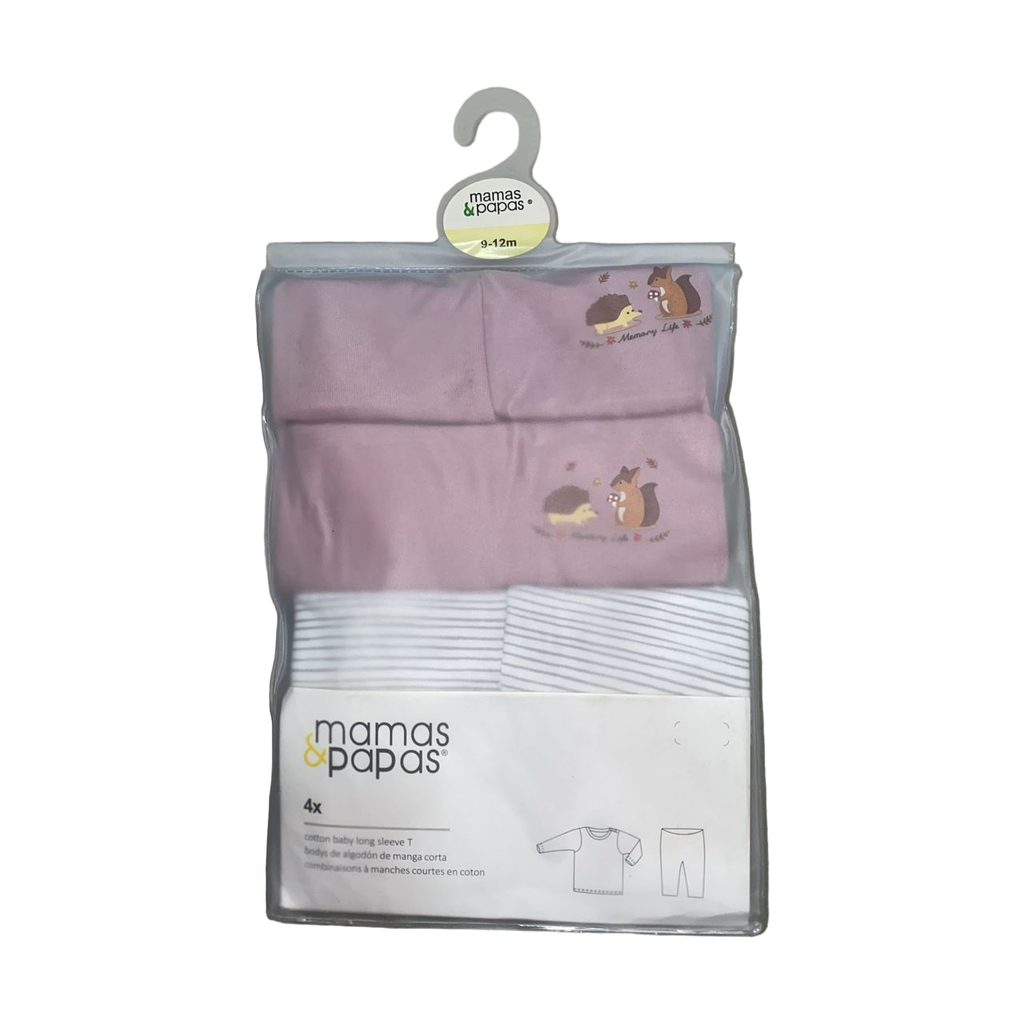 Mamas & Papas Baby Squirrels & Striped 4-Piece Snug Fit Cotton Pjs Pink/Grey Striped