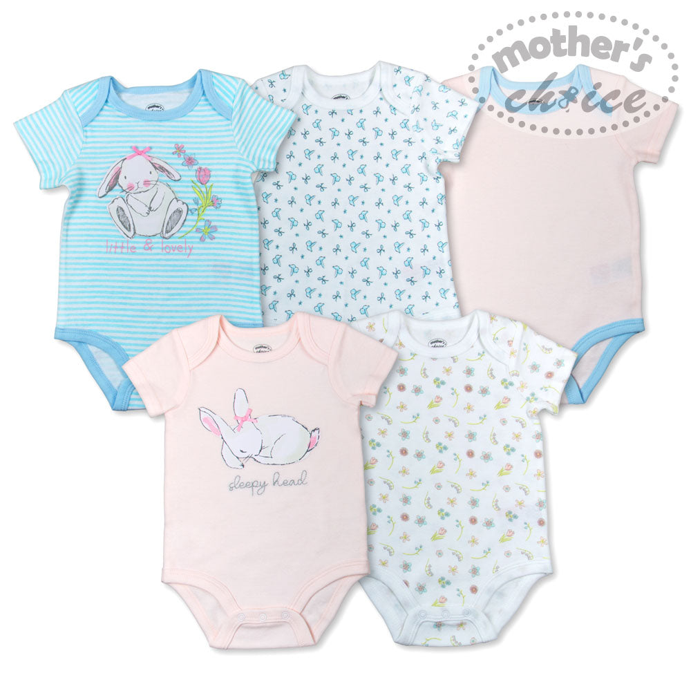 Motherschoice Cute Bunny Themed Baby 5 Pack Bodysuits Pink/Light Blue IT2495