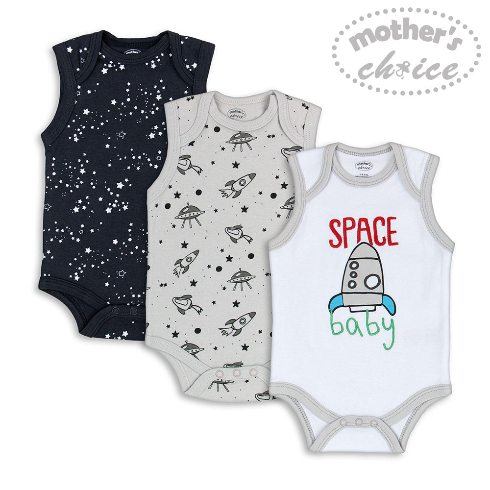 Motherschoice Space Themed Baby 3 Pack Sleeveless Bodysuits IT3099