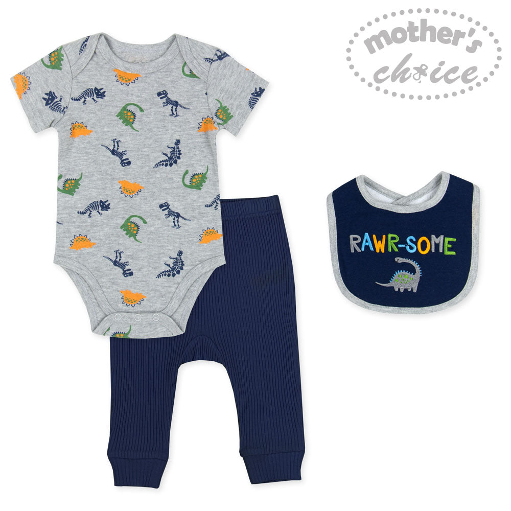 Motherschoice Dinosaur Baby 3-Pc Set (Bib+Bodysuit+Pant) IT3583