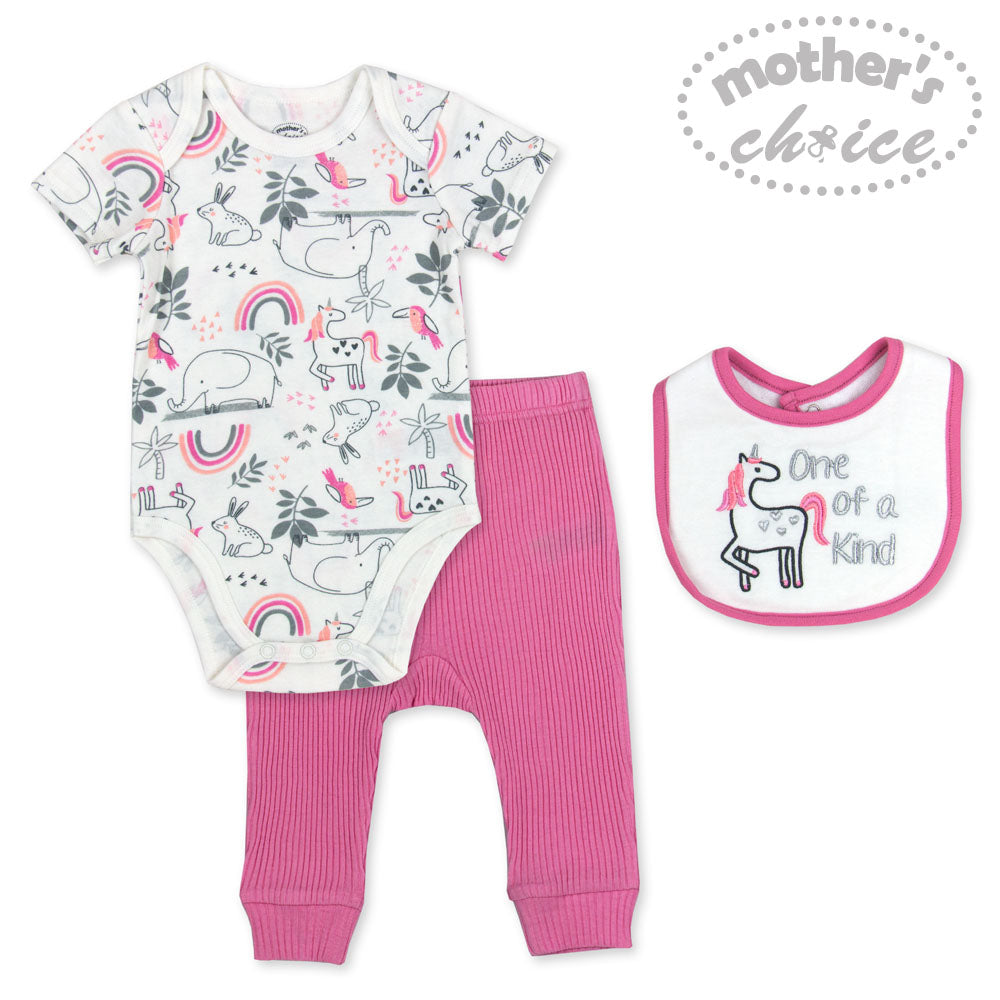Motherschoice Baby Set of 3 (Bib+Bodysuit+Pant) Pink/White IT3586