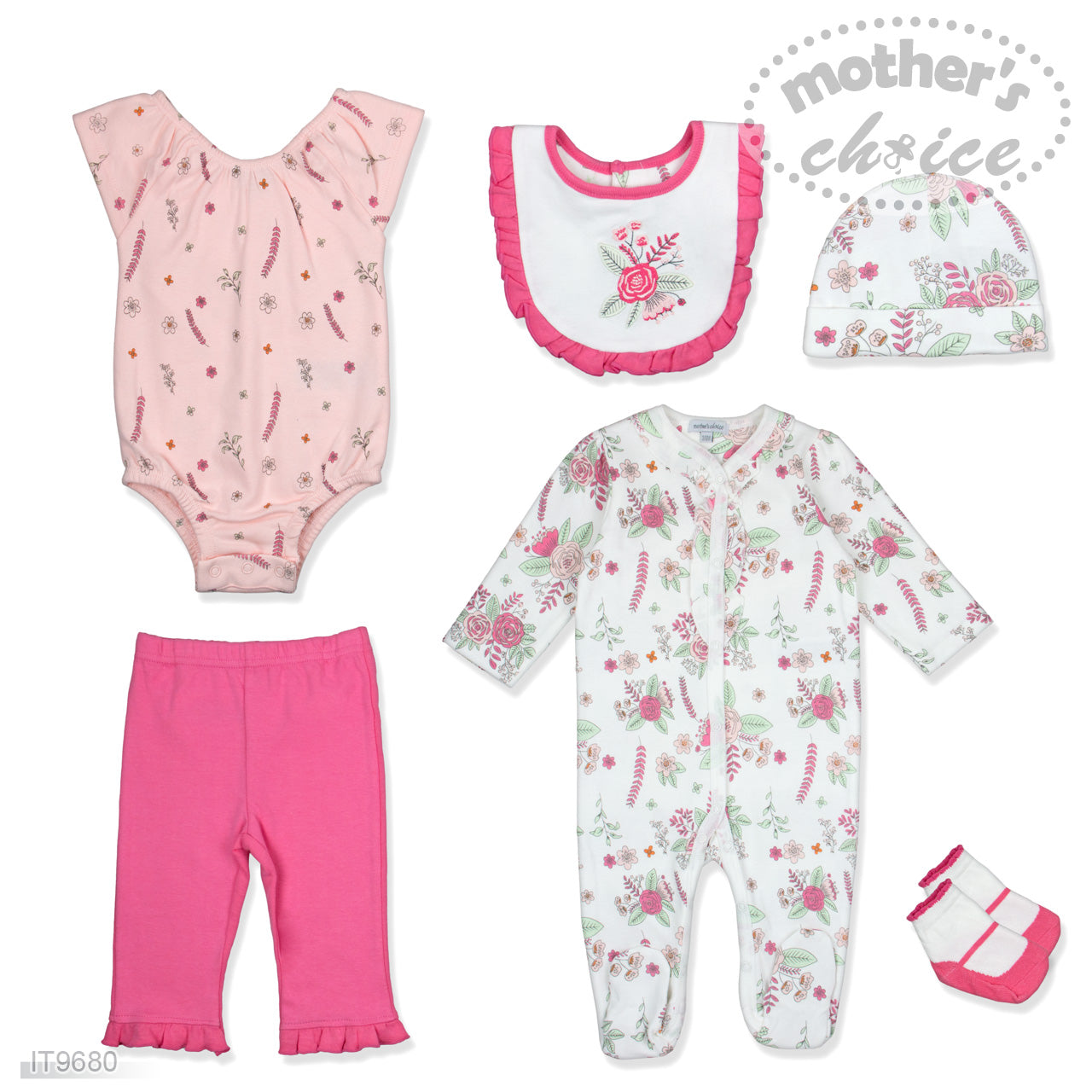 Motherschoice Baby Girl 6 Pcs Starter Kit Of Grower, Bodysuit, Pants, Bib, Hat & Booties IT9680