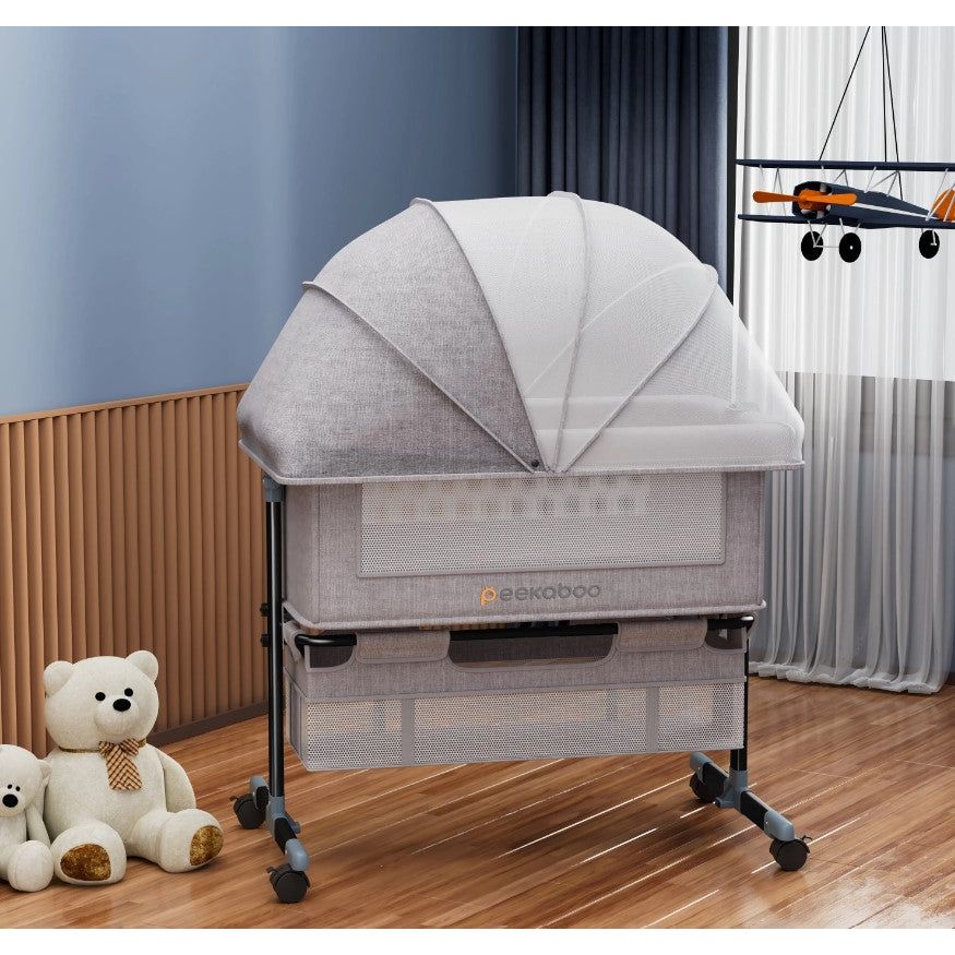 Peekaboo's Bedside Crib/Cot with Storage Basket Grey Age- Newborn to 24 Months (upto 25 Kg)