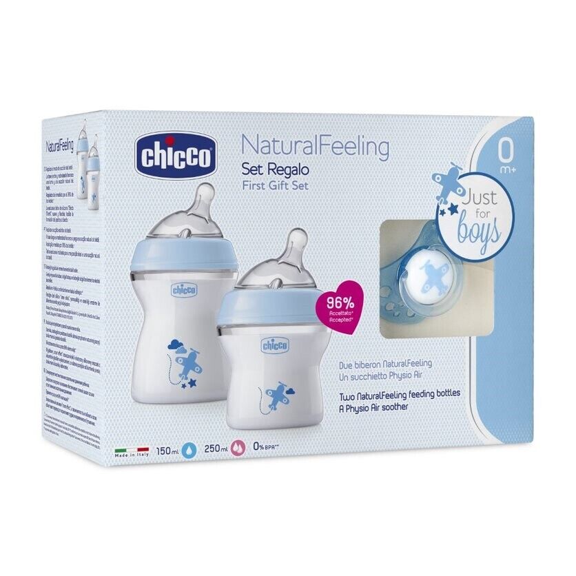 Chicco Natural Feeling Baby Boy FIrst Feeding Bottle Gift Set Pack of 2 150Ml/250Ml Blue Age- Newborn & Above