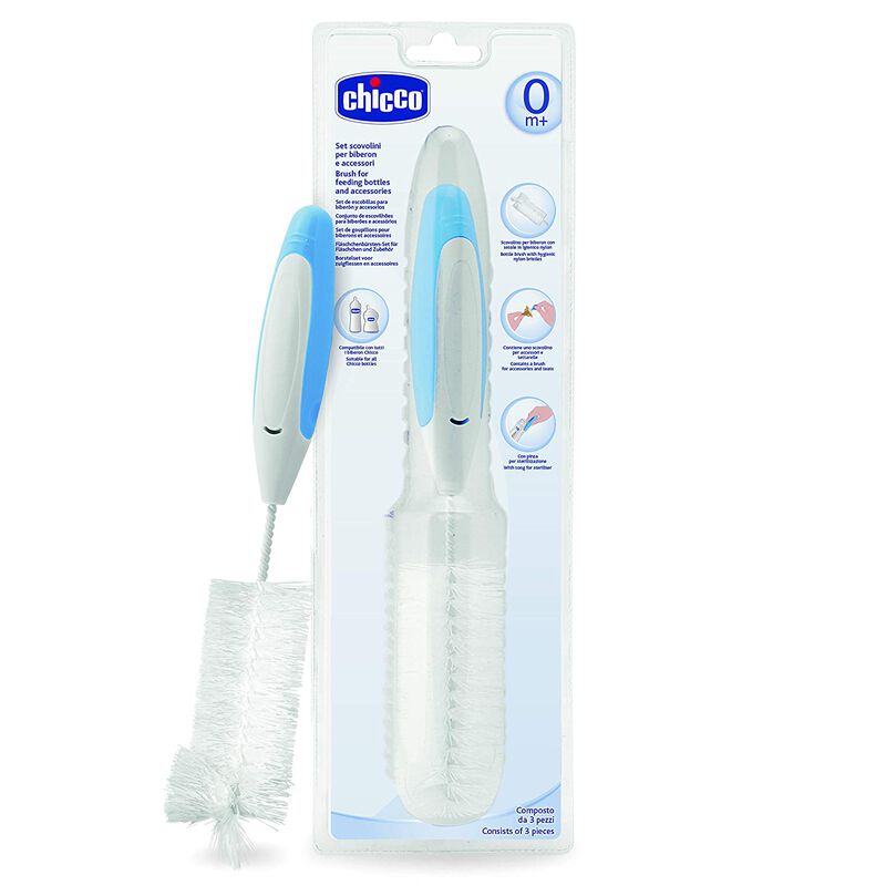 Chicco 3 In 1 Feeding Bottle Cleaning Brush Age- Newborn & Above