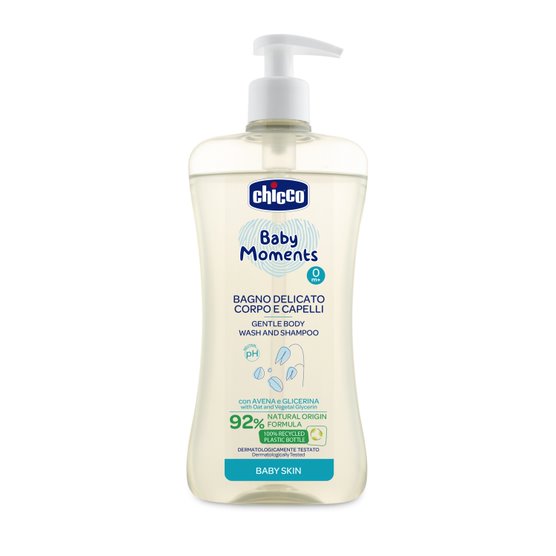 Chicco Baby Moments Gentle Body Wash and Shampoo for Baby Skin 500ml Age- Newborn & Above