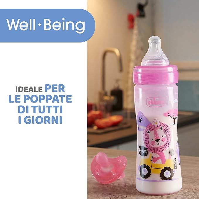 Chicco Biberon Well Being Colors Silicone Medium Flow Feeding Bottle Girls Pink 250Ml  Age- 2 Months & Above