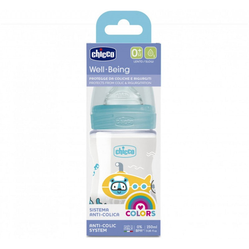 Chicco Biberon Well Being Colors Silicone Slow Flow Feeding Bottle Boys Blue 150Ml  Age- Newborn & Above