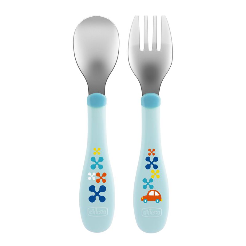 Chicco Toddler Boys Metal Cutlery Set of 2 (Fork+Spoon) Blue Age- 18 Months & Above