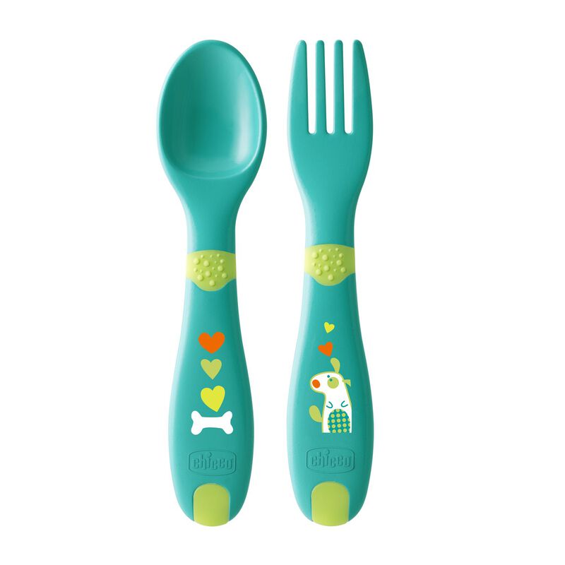 Chicco Toddler's First Cutlery Set of 2 (Fork+Spoon) Blue Age- 12 Months & Above