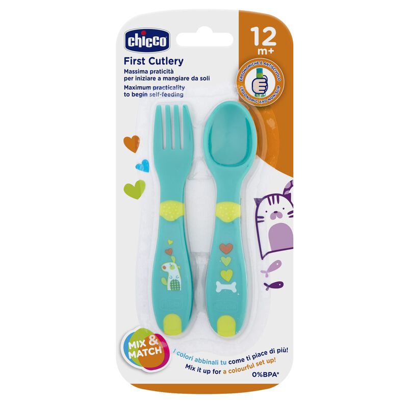 Chicco Toddler's First Cutlery Set of 2 (Fork+Spoon) Blue Age- 12 Months & Above