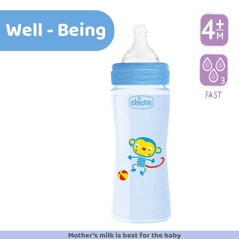 Chicco Well Being Fast Flowing Feeding Bottle 330Ml Blue Age- 3 Months & Above