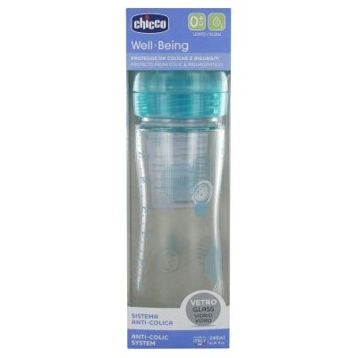 Chicco Well Being Slow Flow Glass Baby Feeding Bottle 240ml Blue Age- Newborn & Above