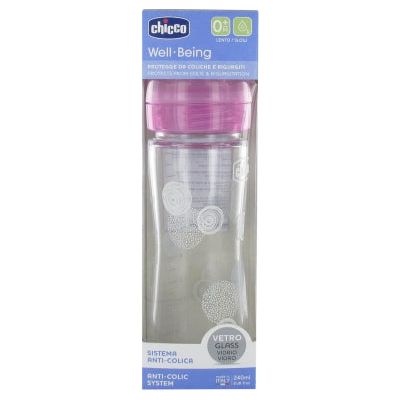 Chicco Well Being Slow Flow Glass Baby Feeding Bottle 240ml Pink Age- Newborn & Above