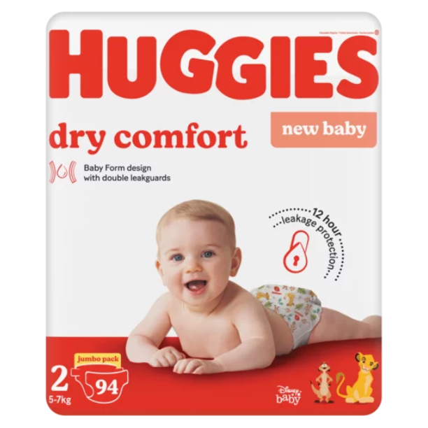 Huggies Dry Comfort Baby Diapers Jumbo Pack Size 2 (5-7Kg) 94Pcs