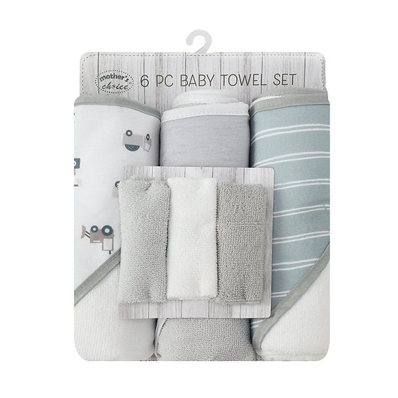 Motherschoice Baby Towel Set( Hooded + Face Towel) Pack of 6 Green/White/Grey IT4349 Age- Newborn & Above