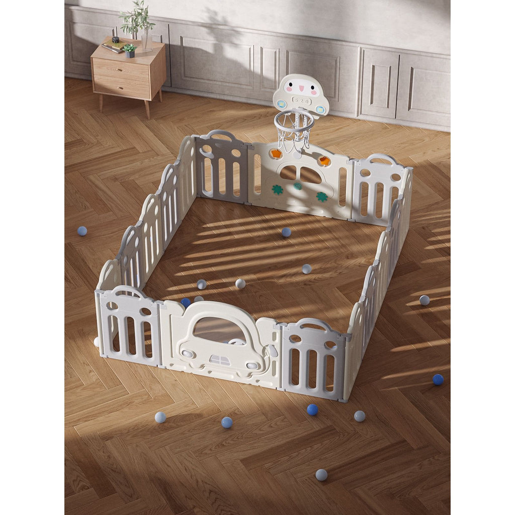 Pibi 2 in 1 Foldable Car Playpen White & Grey (8+2 Pieces) with a Basketball Hoop Age- 6 Months to 3 Years