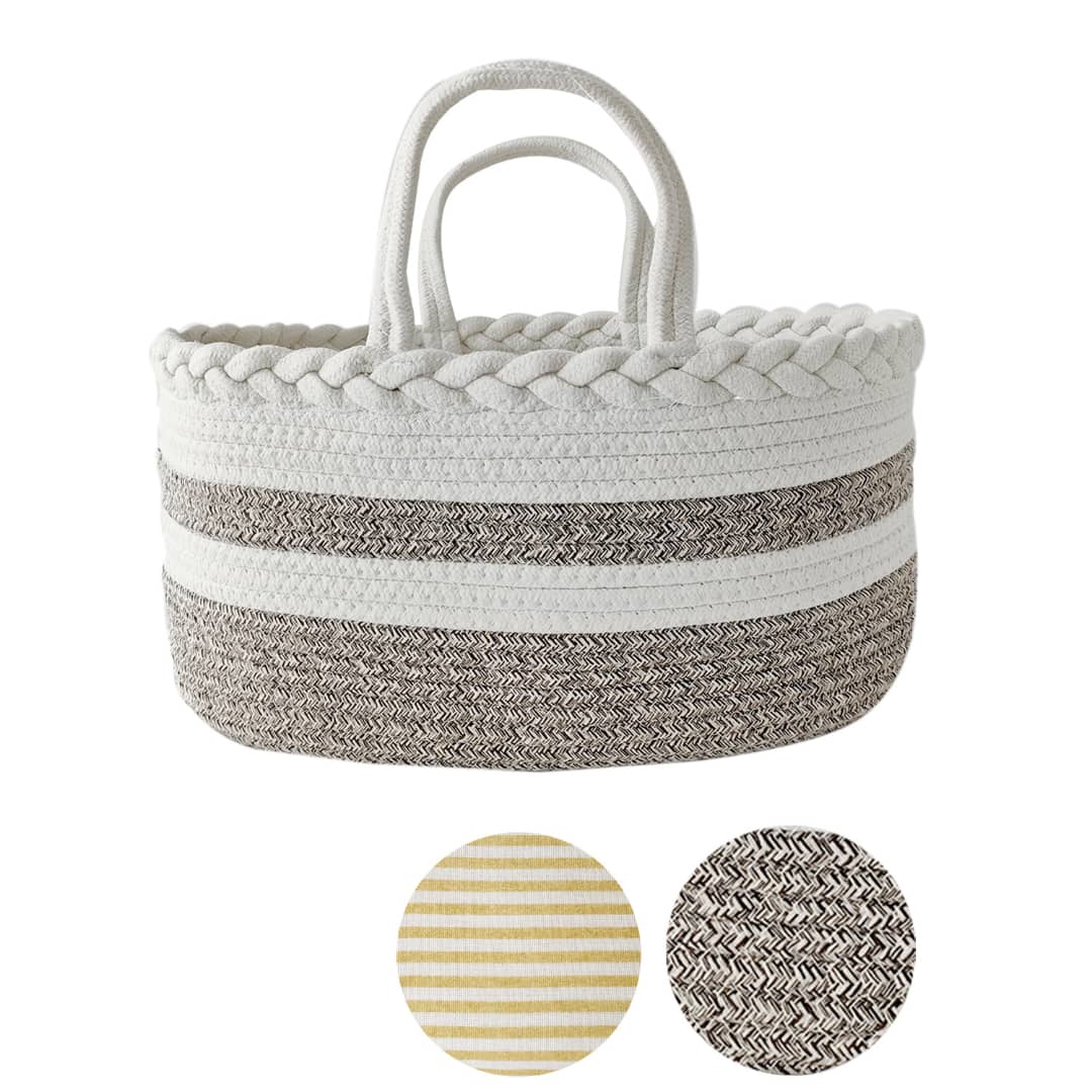 Pibi Cotton Rope Diaper Caddy with Removable 3 Compartments White/Brown Stripes