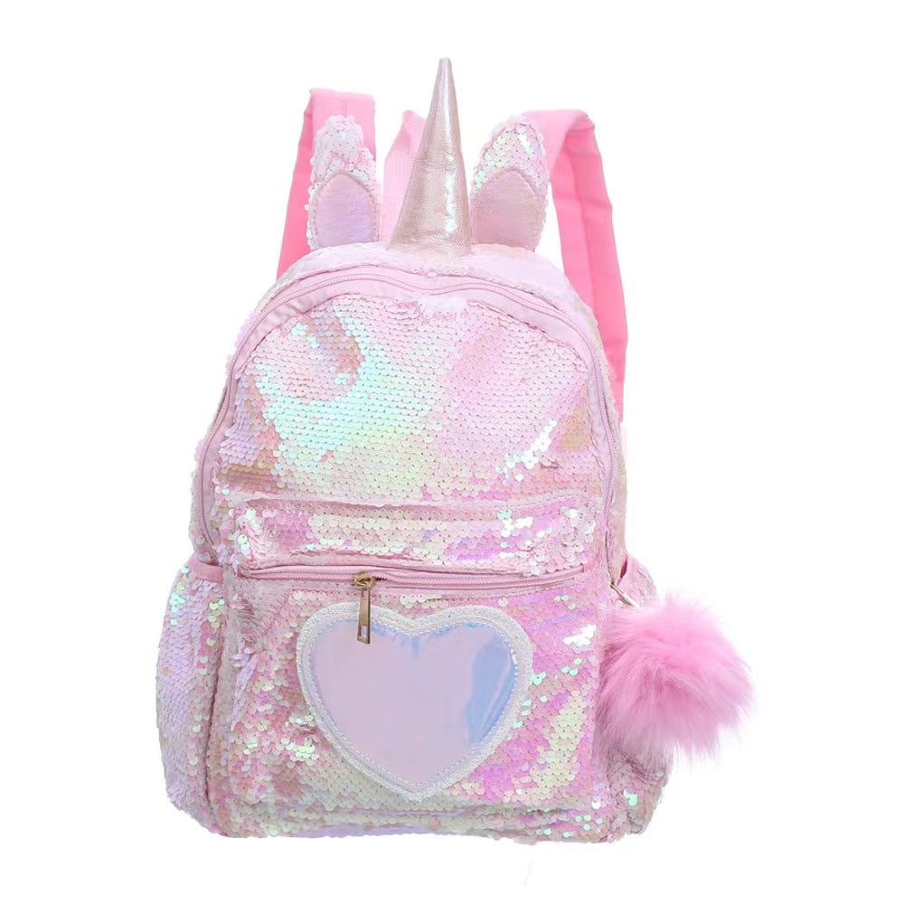 Pibi  Cute Unicorn Sequin Backpack with Pompom Keychain- 14 Inch  Baby Pink Age- 3 Years & Above