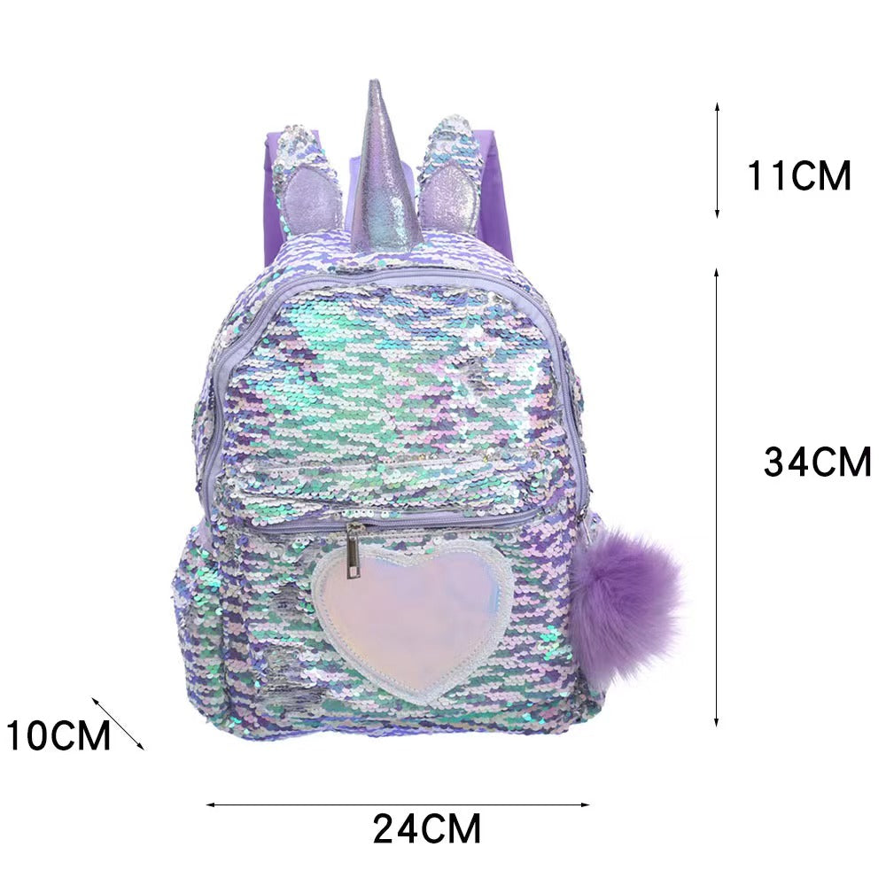 Pibi Cute Unicorn Sequin Backpack with Pompom Keychain-14 Inch Purple/Silver Age- 3 Years & Above