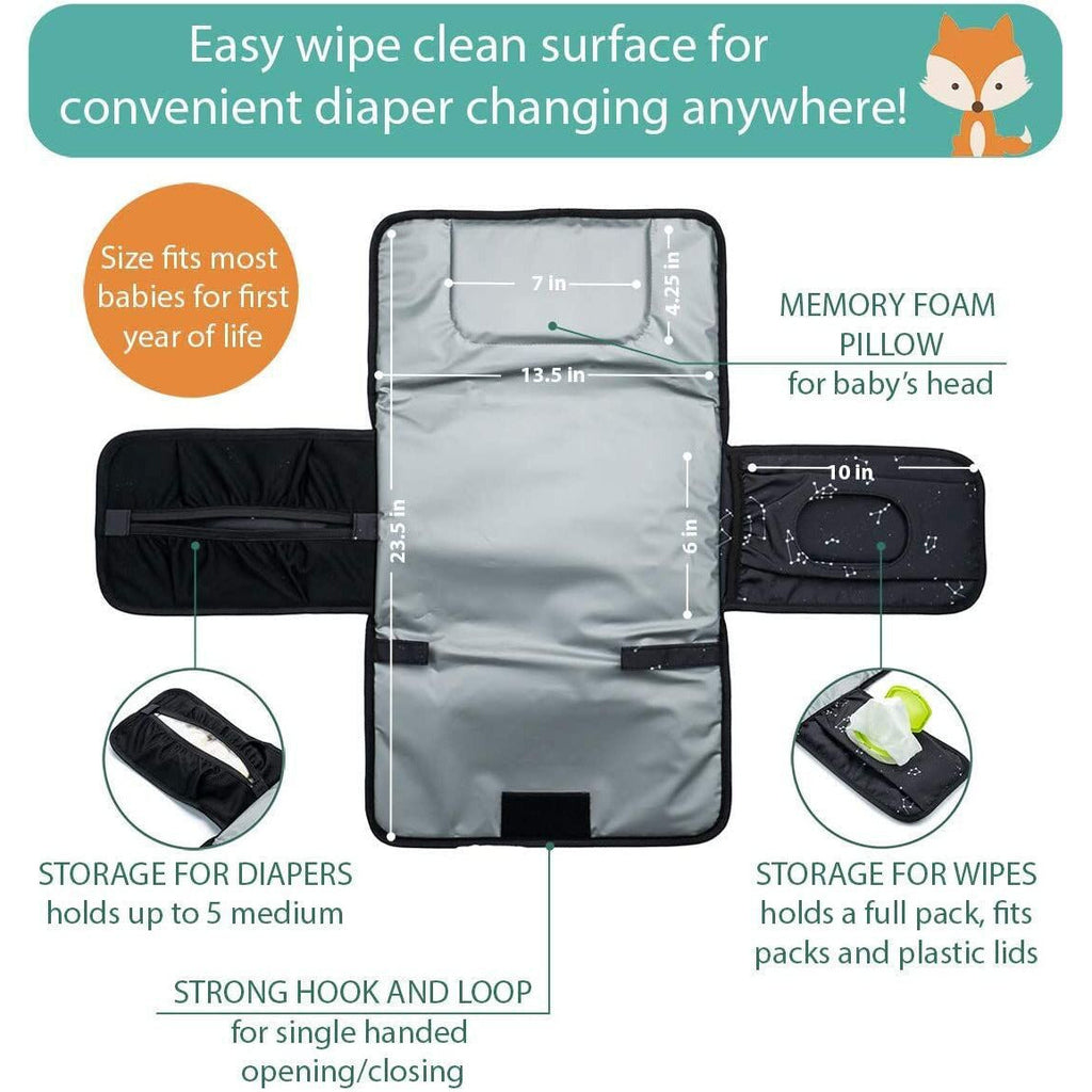 Pibi Printed Portable & Waterproof Baby Diaper Changing Mat Travel Kit with Storage Pockets for Travel Black (35 x 22 cm) Black Age- Newborn & Above