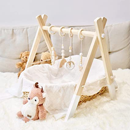 Pibi Wooden Foldable Play Gym Wooden Baby Gym with 4 Toys Natural/White Age- 3 Months & Above