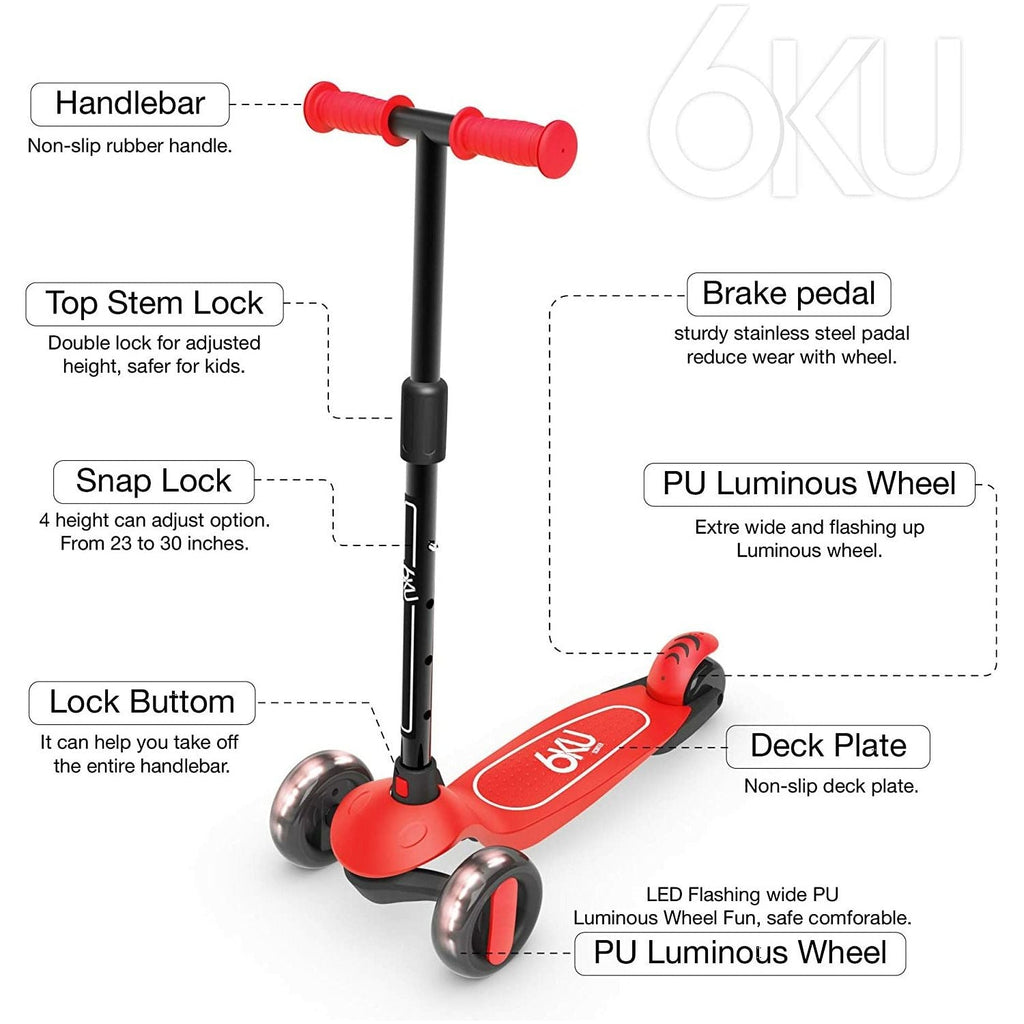 6KU 3 Wheel Flash LED Lights and 4 Adjustable Height Red Age- 3 Years to 8 Years (Holds upto 50 Kgs)