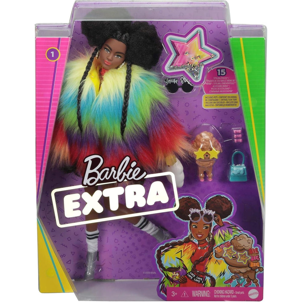 Barbie Extra Doll and Accessories with Afro-Puffs in Shaggy Rainbow Coat & Athleisure Look with Pet Poodle (446Gvr04) Age- 3 Years &Above