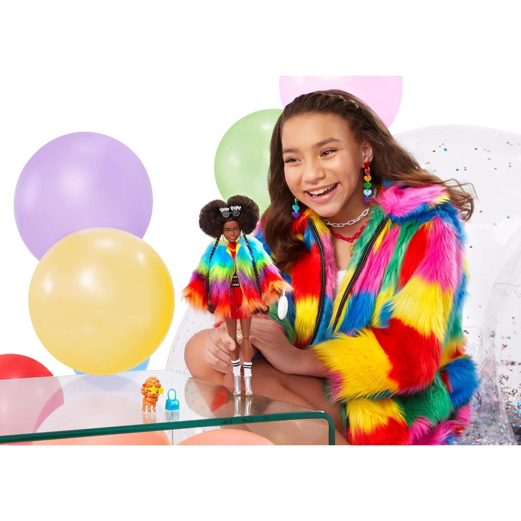Barbie Extra Doll and Accessories with Afro-Puffs in Shaggy Rainbow Coat & Athleisure Look with Pet Poodle (446Gvr04) Age- 3 Years &Above