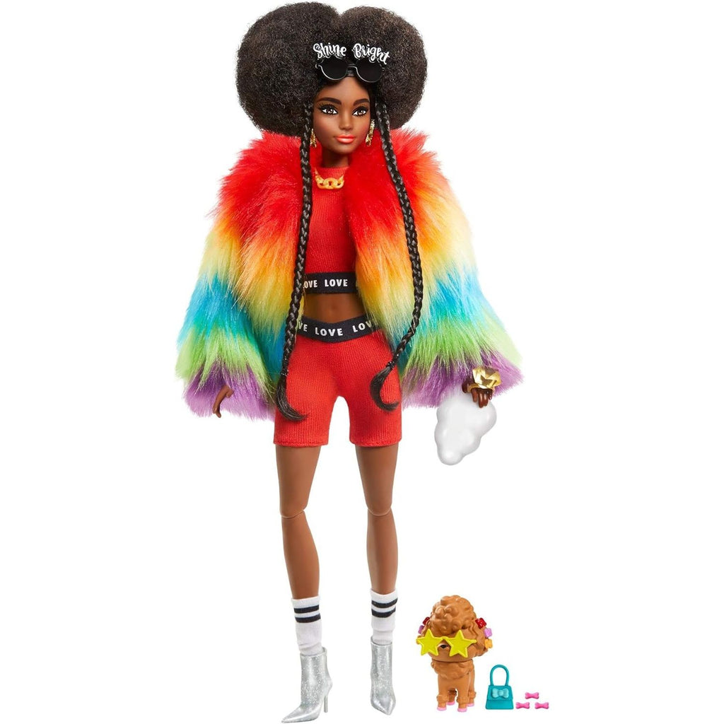 Barbie Extra Doll and Accessories with Afro-Puffs in Shaggy Rainbow Coat & Athleisure Look with Pet Poodle (446Gvr04) Age- 3 Years &Above