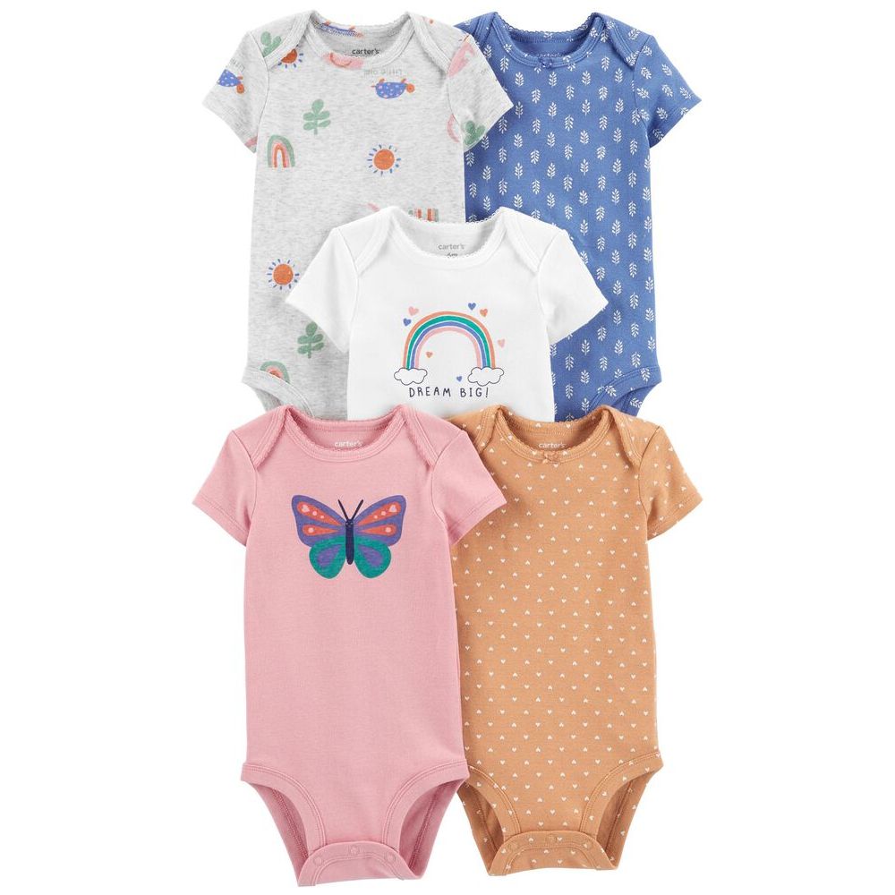 Carter's Infants Girls 5 Pack Butterfly Rainbow & Leaves Short Sleeve Bodysuits 1N714210 Multicolor