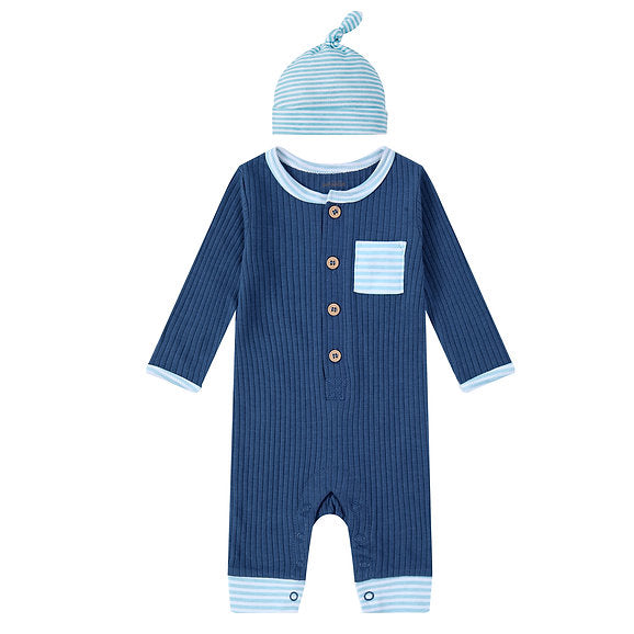 Infancie Baby Ribbed Jumpsuit Romper with Knot Cap Blue IT4240