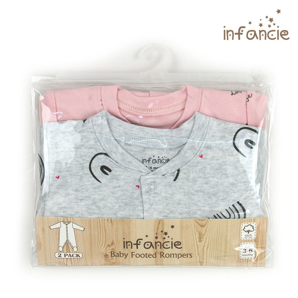 Infancie Cute Baby Footed Rompers Pack of 2 Pink/Grey IT3740
