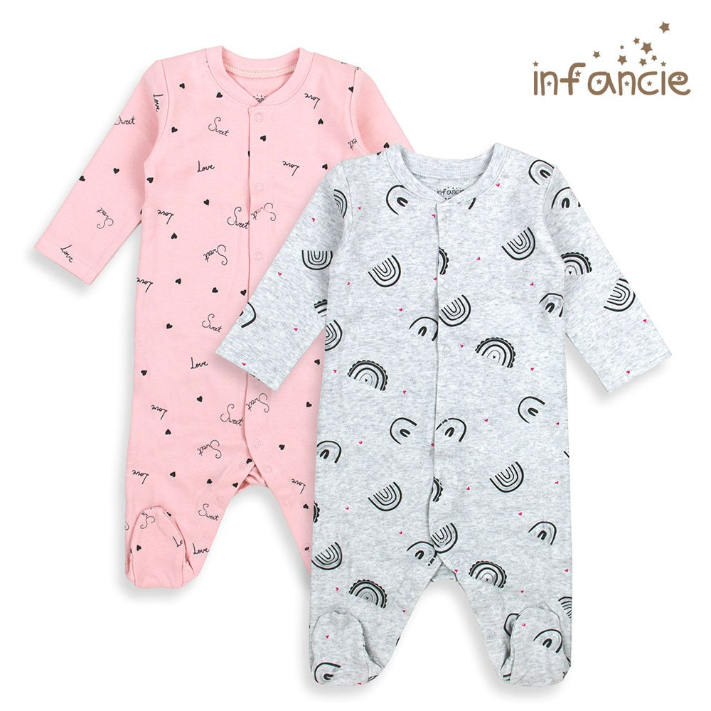 Infancie Cute Baby Footed Rompers Pack of 2 Pink/Grey IT3737