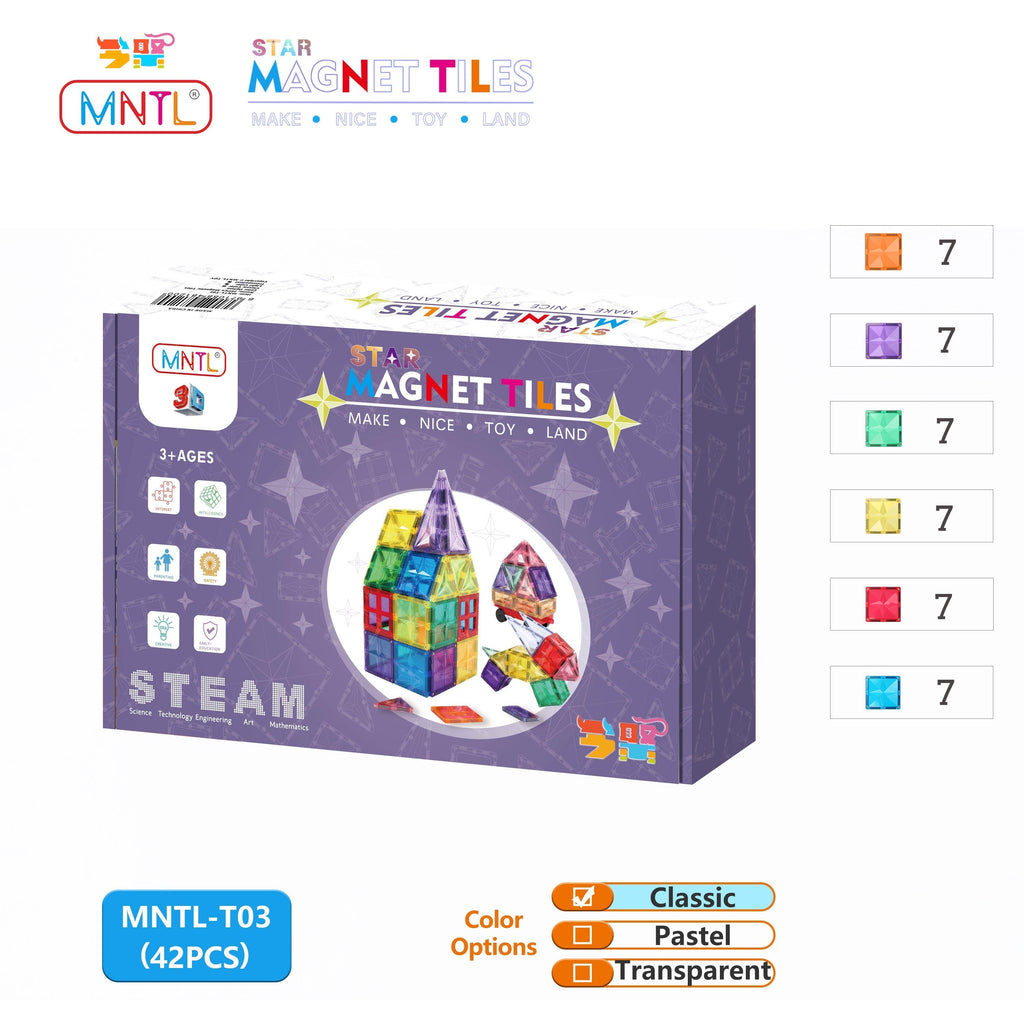 Pibi MNTL 42 Pieces Star Magnet Tile Toy Set (Classic) Age- 3 Years & Above