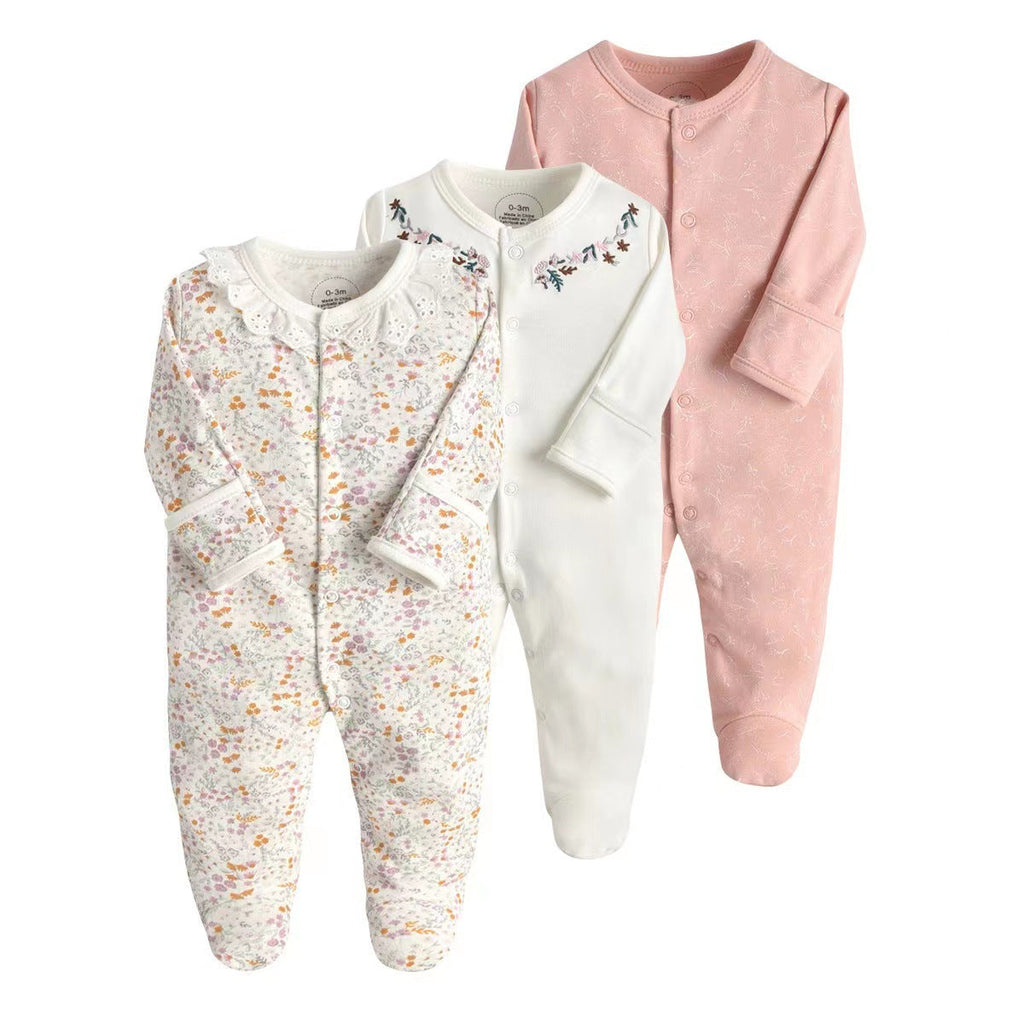 Mamas & Papas Infant Girls Floral Printed & Embroidered Sleepsuits/Onesie Set of 3 WD54 Pink/White