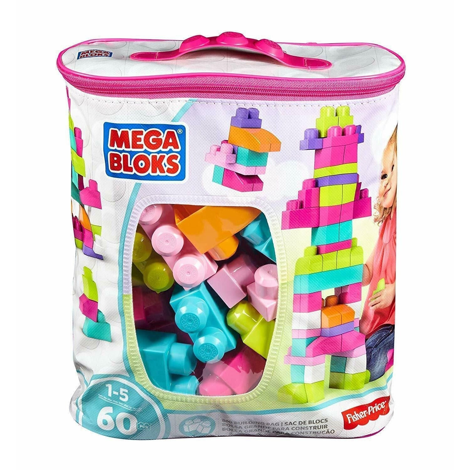 Mega Blocks Big Building Bag 60 Pieces Pink Age 12 Months Above Peekaboo