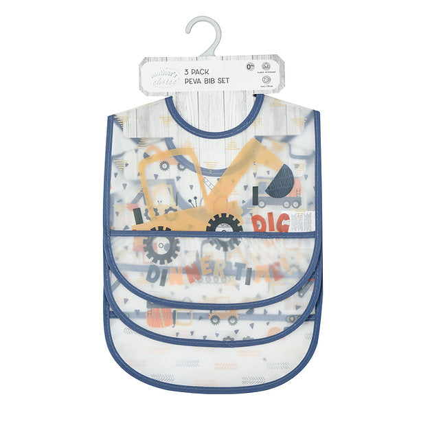 Motherschoice Baby 3-Pack Construction Trucks Themed Waterproof Peva Bibs Blue/White IT4396 Age- 9 Months to 18 Months