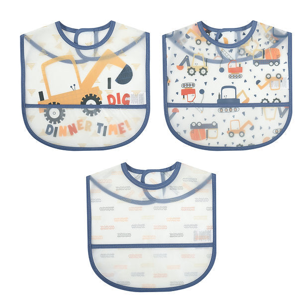 Motherschoice Baby 3-Pack Construction Trucks Themed Waterproof Peva Bibs Blue/White IT4396 Age- 9 Months to 18 Months