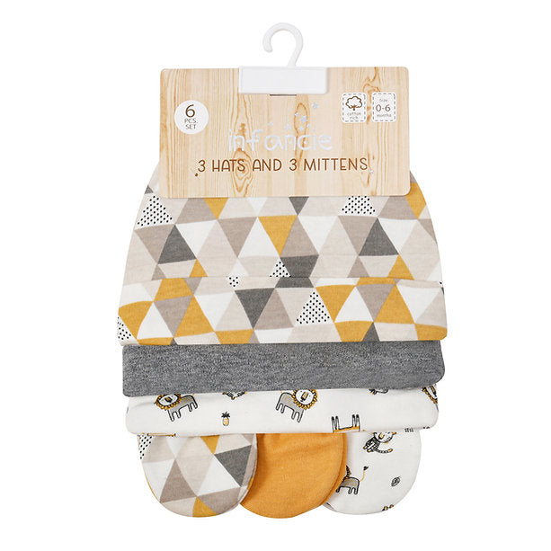 Motherschoice Baby Abstract & Jungle Themed 3 Hats & 3 Pair Mittens Set Multicolor IT4986 Age- Newborn to 6 Months