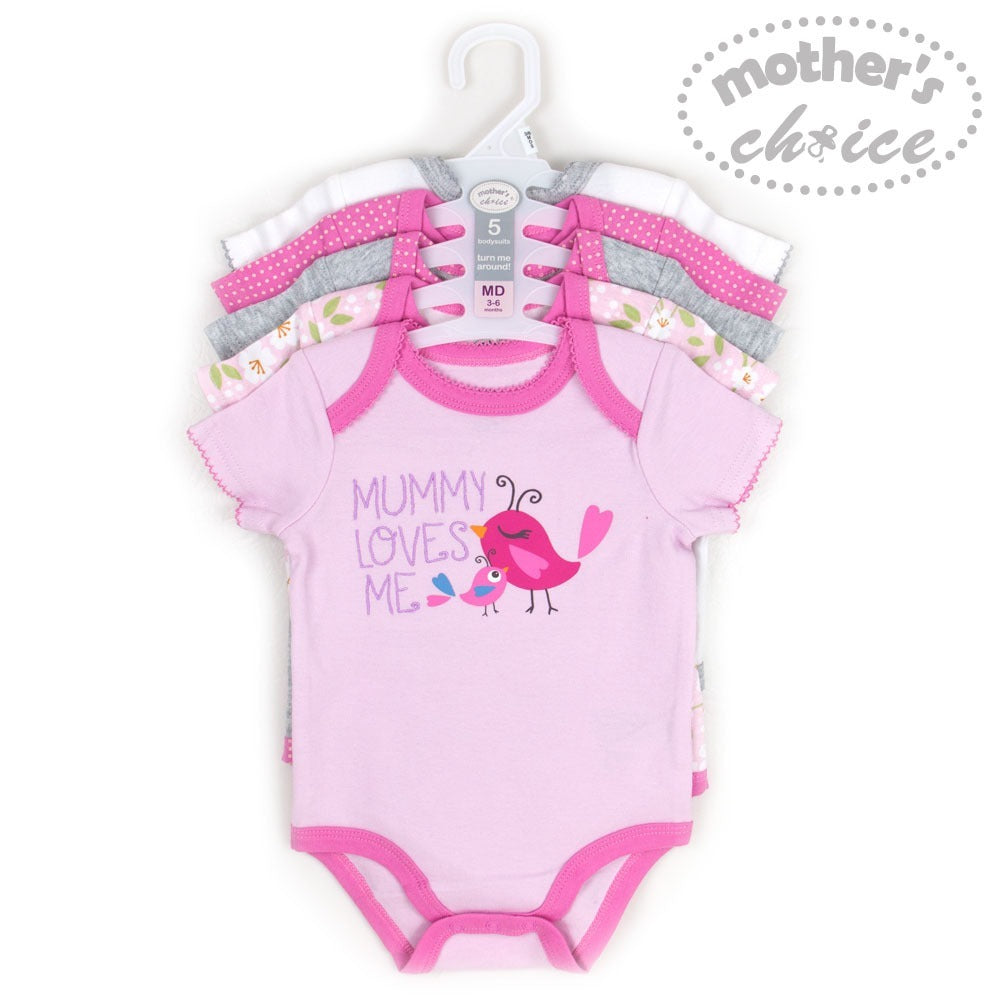 Motherschoice Baby Girls 5-Pack Little Blossom Bodysuit White/Pink/Grey IT3356