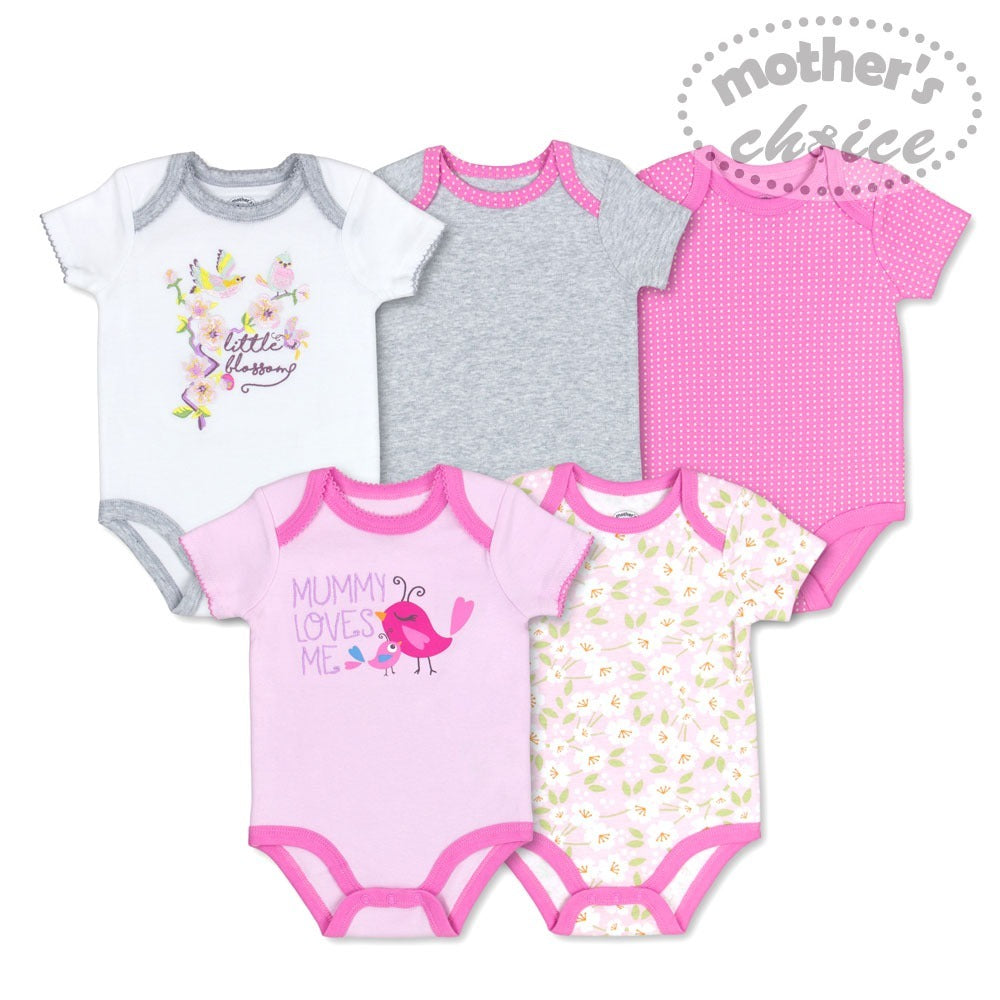 Motherschoice Baby Girls 5-Pack Little Blossom Bodysuit White/Pink/Grey IT3355