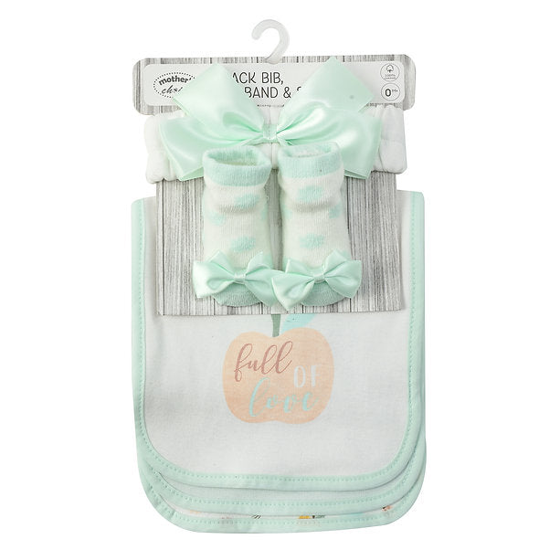 Motherschoice Baby Girls Floral 5-Pack Bibs, Socks and Headband Set Pastel Green/White IT4758 Age- Newborn to 6 Months