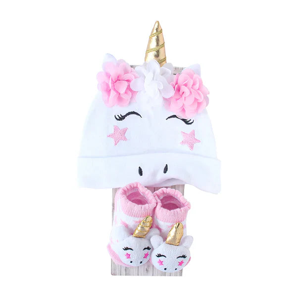 Motherschoice Baby Girls Unicorn Themed 2 Pack Hat & Socks White/Pink IT4153