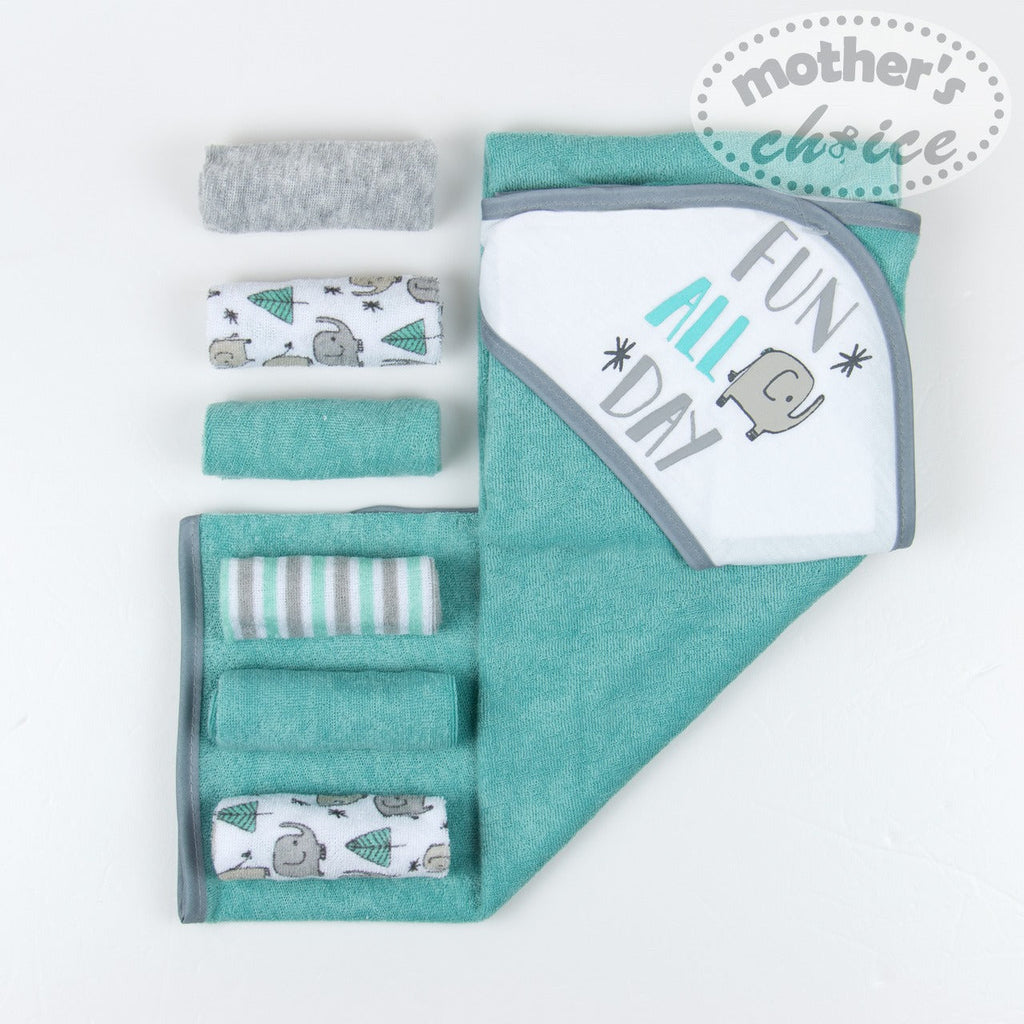 Motherschoice Baby Hooded Towel + 6 Pack Wash Cloths Green/White IT1246