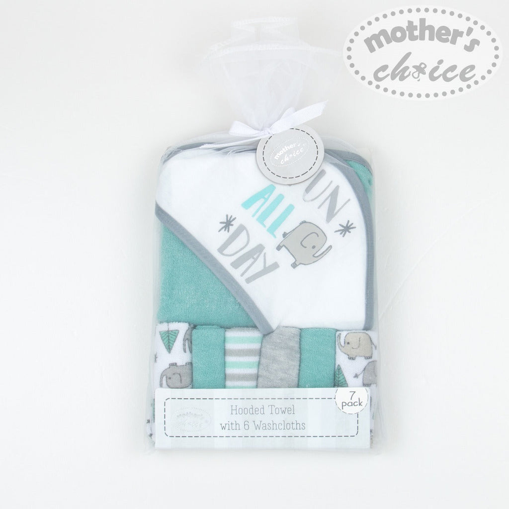 Motherschoice Baby Hooded Towel + 6 Pack Wash Cloths Green/White IT1246
