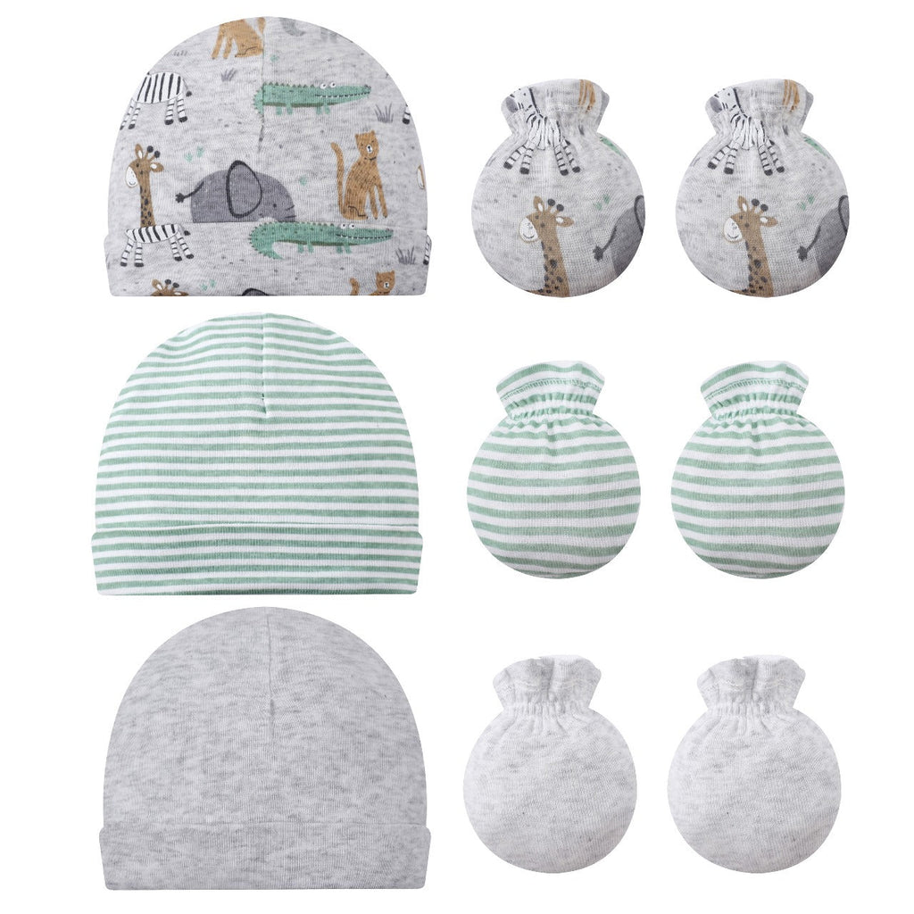 Motherschoice Baby Jungle Themed 3 Hats & 3 Mitten Set Grey/White IT5202